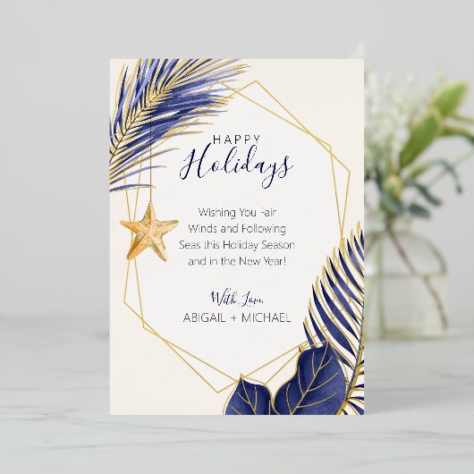 ネイビーエレガントブルー&金ゴールドビーチトロピカルクリスマス 箔シーズンカード (立ち正面)