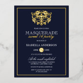 ネイビーエレガントブルー&金ゴールドマスカレードスウィート16パーティー 箔招待状ポストカード (正面)
