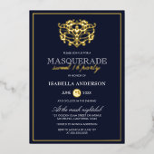 ネイビーエレガントブルー&金ゴールドマスカレードスウィート16パーティー 箔招待状 (正面)