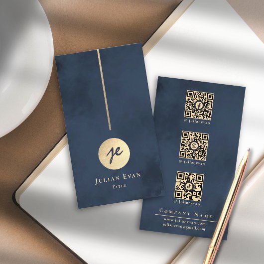 ネイビーエレガントブルー&金ゴールドモノグラムソーシャルメディア 名刺