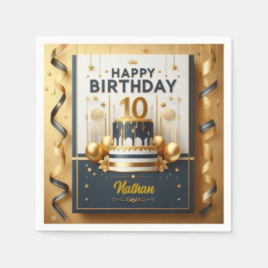 ネイビーエレガントブルー&金ゴールド10誕生祝い スタンダードカクテルナプキン (正面)