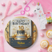 ネイビーエレガントブルー&金ゴールド10誕生祝い ペーパープレート (パーティー)