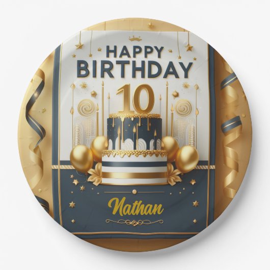 ネイビーエレガントブルー&金ゴールド10誕生祝い ペーパープレート (正面)
