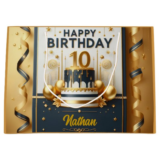 ネイビーエレガントブルー&金ゴールド10誕生祝い ラージペーパーバッグ (正面)