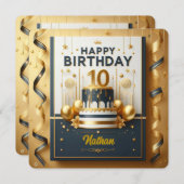 ネイビーエレガントブルー&金ゴールド10誕生祝い 招待状 (正面/裏面)