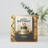 ネイビーエレガントブルー&金ゴールド10誕生祝い 招待状 (スタンド正面)