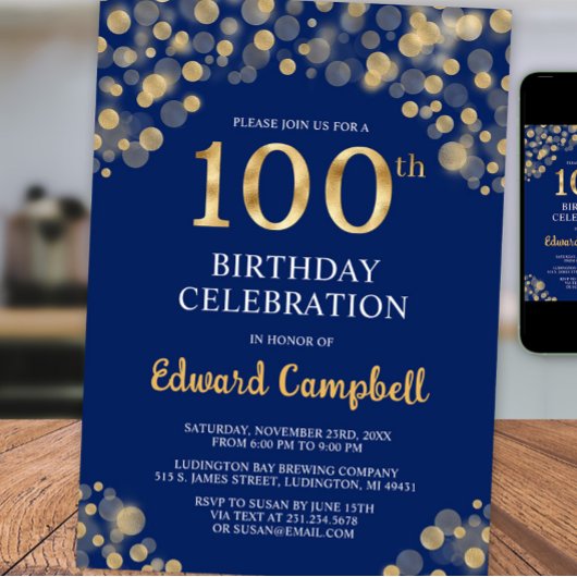 ネイビーエレガントブルー&金ゴールド100th誕生日招待状 招待状