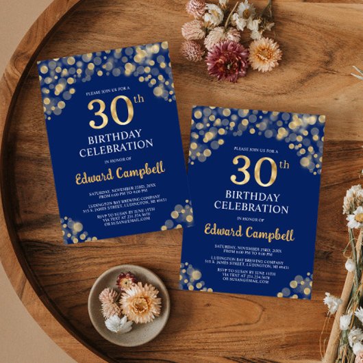 ネイビーエレガントブルー&金ゴールド30th誕生日招待状 招待状