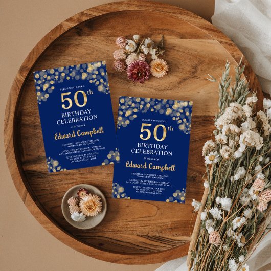 ネイビーエレガントブルー&金ゴールド50th誕生日招待状 招待状