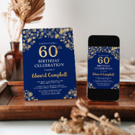 ネイビーエレガントブルー&金ゴールド60th誕生日招待状 招待状