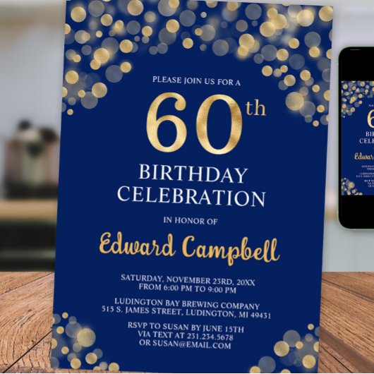 ネイビーエレガントブルー&金ゴールド60th誕生日招待状 招待状
