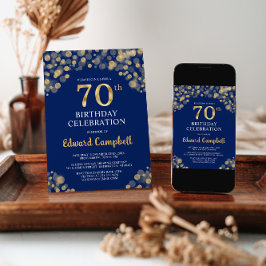ネイビーエレガントブルー&金ゴールド70th誕生日招待状 招待状