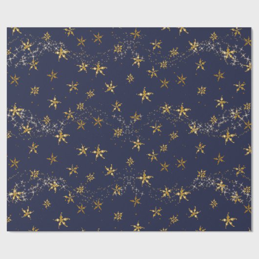 ネイビーエレガントブルーn金ゴールドスノーフレーククリスマススターズ ラッピングペーパー (フラット)