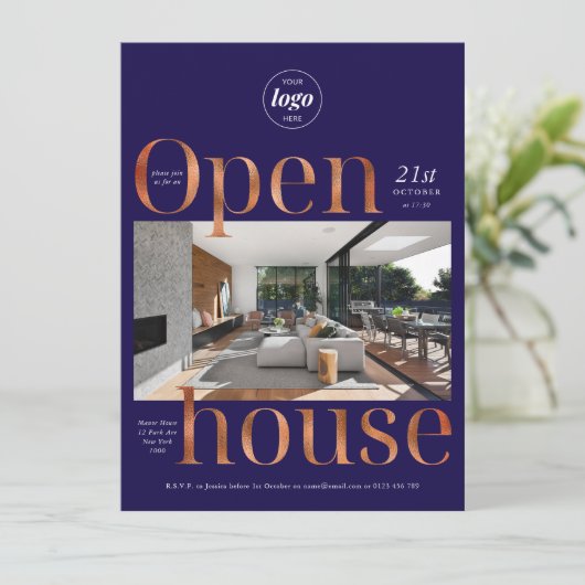 ネイビーエレガントブロンズビジネスオープンハウスワンフォト 招待状 (スタンド正面)