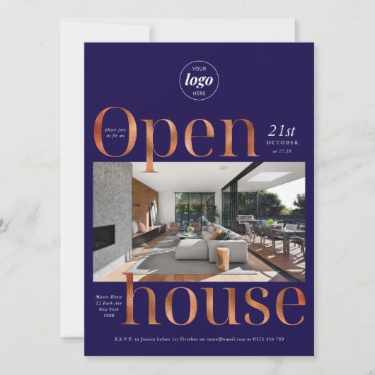 ネイビーエレガントブロンズビジネスオープンハウスワンフォト 招待状 (正面)