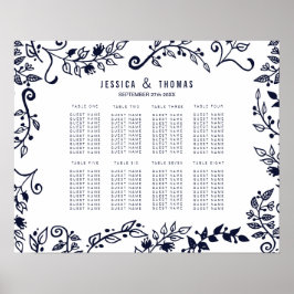 ネイビーエレガントブ・ブルーとホワイトのフローラシーティング・チャート ポスター