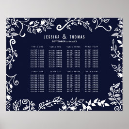 ネイビーエレガントブ・ブルーとホワイトのフローラシーティング・チャート ポスター