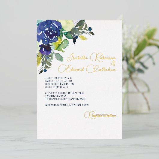 ネイビーエレガントホワイトウォーターバラズ結婚ズ 箔招待状 (立ち正面)