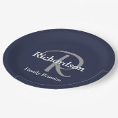 ネイビーエレガントホワイトシルバーモノグラムファミリー懇親会 ペーパープレート (アングル)