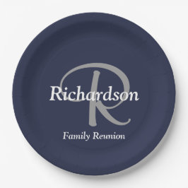 ネイビーエレガントホワイトシルバーモノグラムファミリー懇親会 ペーパープレート
