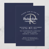 ネイビーエレガントホワイトシルバーモノグラムファミリー懇親会 招待状 (正面/裏面)