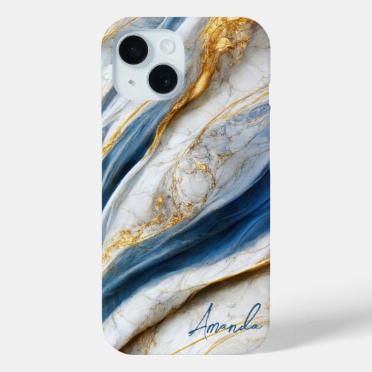 ネイビーエレガントホワイト金ゴールド静脈大理石モノグラムの Case-Mate iPhoneケース (裏面)