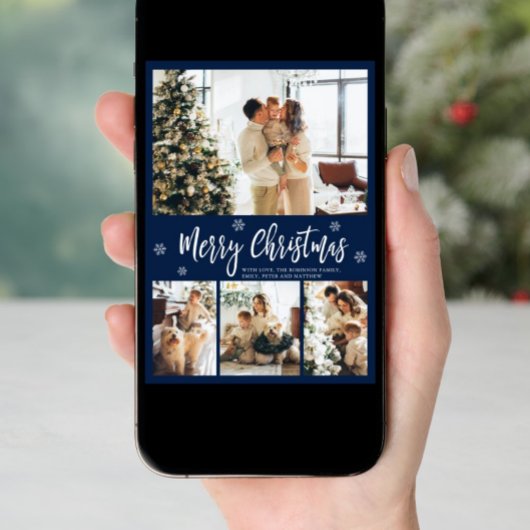 ネイビーエレガントホワイト4フォトコラージクリスマス シーズンカード