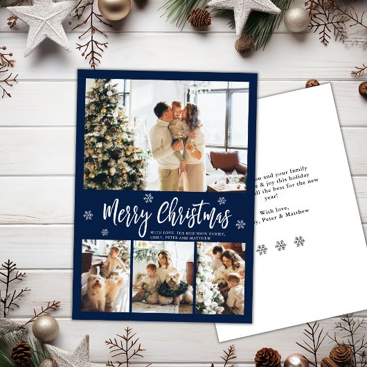 ネイビーエレガントホワイト4フォトコラージクリスマス シーズンカード