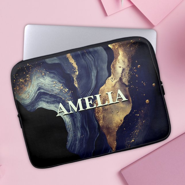 ネイビーエレガントマーブルアートフェイク金ゴールドグリッター ラップトップスリーブ (クリエイターアップロード済み)