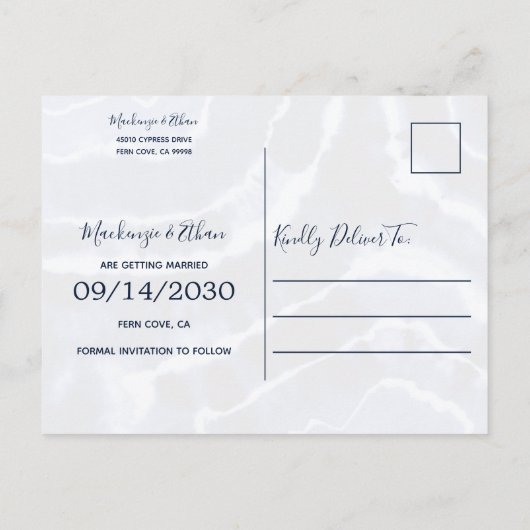 ネイビーエレガントマーブル絞り染め結婚式の日付を保存 案内ポストカード (裏面)