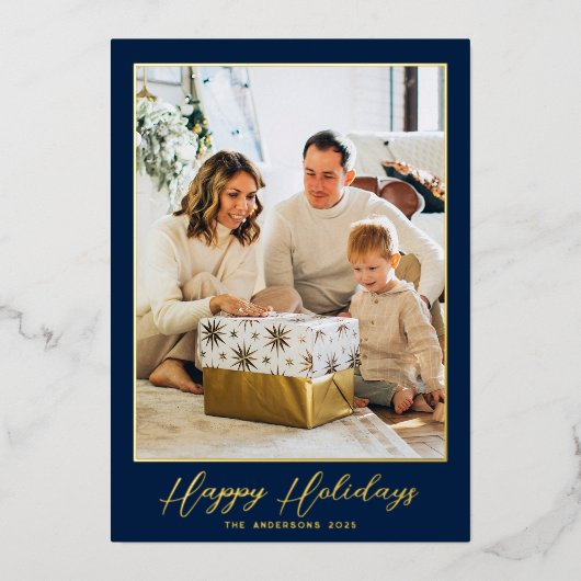 ネイビーエレガントミニマル写真箔ホリデーカード 箔シーズンカード (正面)