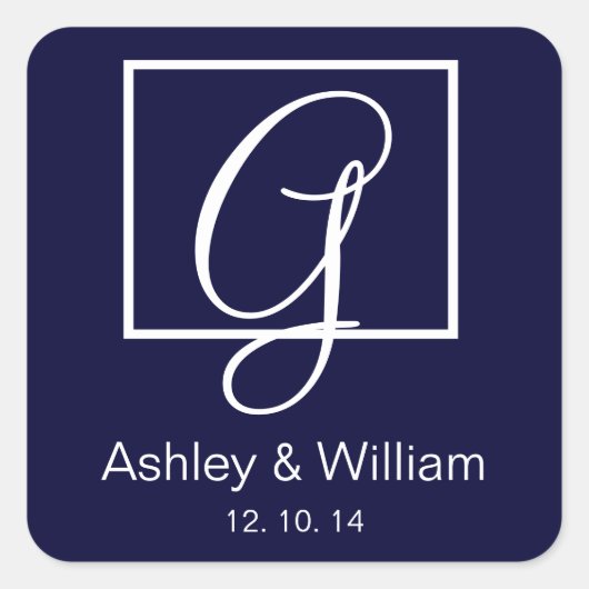 ネイビーエレガントモノグラム結婚式の引き出物ラベル スクエアシール (正面)