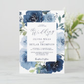 ネイビーエレガントライトブルーほこりっぽい花結婚の数 招待状 (スタンド正面)