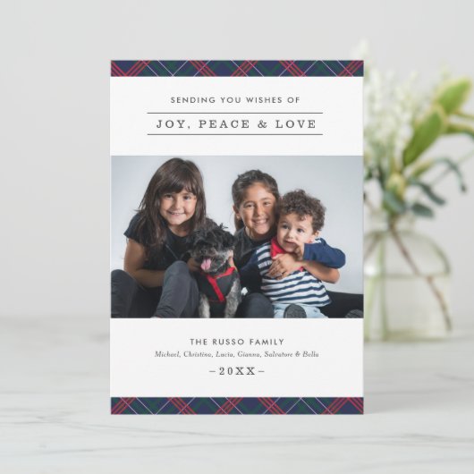 ネイビーエレガントレッド緑タータンチェックプレイドファミリーフォト シーズンカード (スタンド正面)