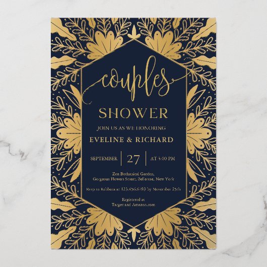 ネイビーエレガント実在金ゴールド箔スクリプトカップルのシャワー 箔招待状 (正面)