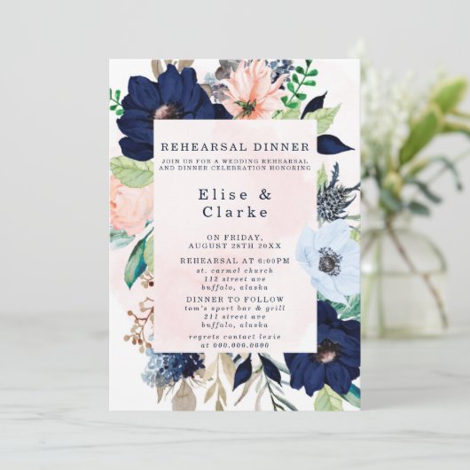 ネイビーエレガント赤面ピンク花模様リハーサルディナーI 招待状 (スタンド正面)