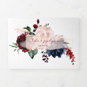 ネイビーエレガント赤面ブルゴーニュ水彩花 三つ折り招待状 (カバー)