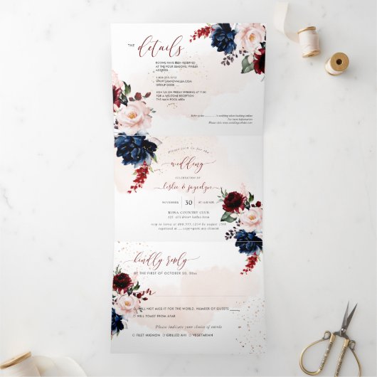 ネイビーエレガント赤面ブルゴーニュ水彩花 三つ折り招待状 (内部)