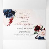 ネイビーエレガント赤面ブルゴーニュ水彩花 三つ折り招待状 (内部中)