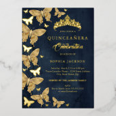 ネイビーエレガント金ゴールドバタフライキンセアニェラ 箔招待状 (正面)