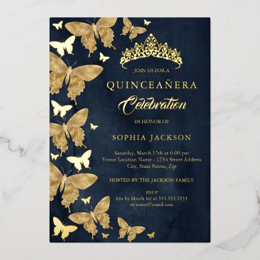 ネイビーエレガント金ゴールドバタフライキンセアニェラ 箔招待状 (正面)