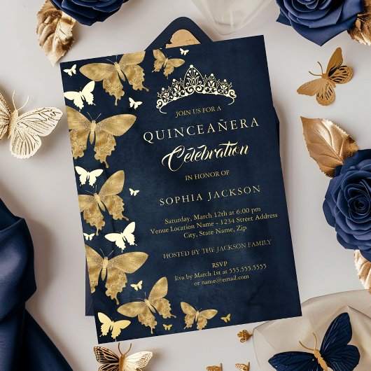 ネイビーエレガント金ゴールドバタフライキンセアニェラ 箔招待状