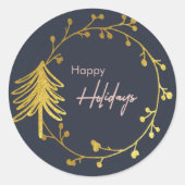 ネイビーエレガント金ゴールドフェイクハッピーホリデーズクリスマス ラウンドシール (正面)