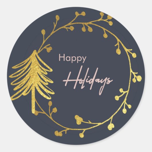 ネイビーエレガント金ゴールドフェイクハッピーホリデーズクリスマス ラウンドシール (正面)