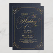 ネイビーエレガント金ゴールド書道ヴィンテージ結婚式 招待状 (正面/裏面)