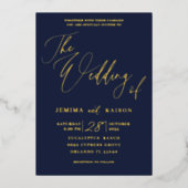 ネイビーエレガント金ゴールド書道結婚式招待状 箔招待状 (正面)