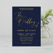 ネイビーエレガント金ゴールド書道結婚式招待状 箔招待状 (立ち正面)