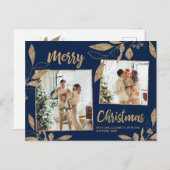 ネイビーエレガント金ゴールド植物学2フォトクリスマス ポストカード (正面/裏面)