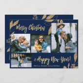 ネイビーエレガント金ゴールド4フォトコラージクリスマスカード (正面/裏面)