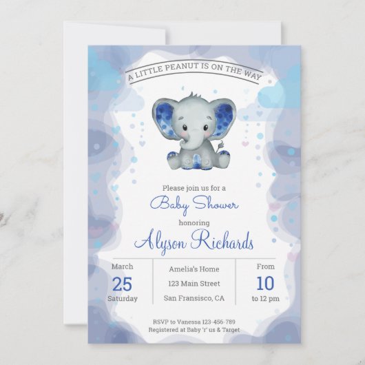 ネイビーエレファントウォーターカラーベビーシャワー招待状 招待状 (正面)